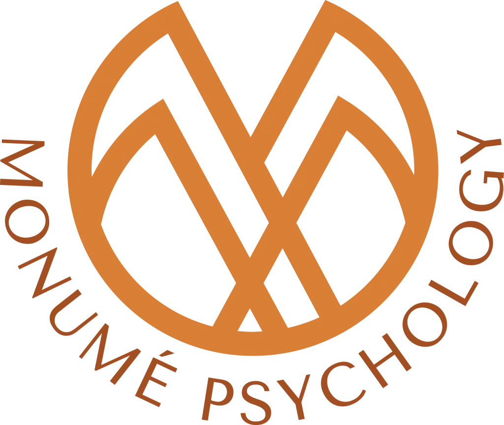 Monumé Psychology assessment clinic logo featuring an abstract orange design with interlocking lines and the company name curved around the symbol, reflecting expertise in gifted testing and IQ assessment.