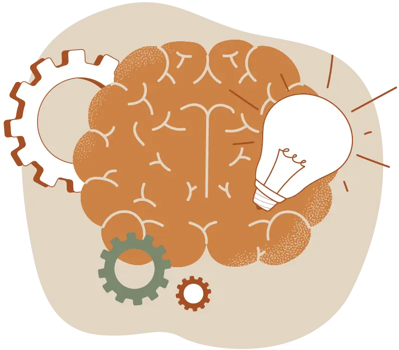 Illustration of a brain with three gears and a lit light bulb, symbolizing ideas, thinking, and problem-solving—perfect for topics like adult ADHD assessment and diagnosis.