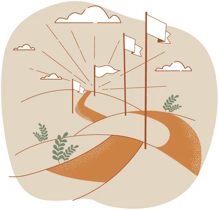 A winding path leads through rolling hills with multiple flagpoles and sparse plants under a partly cloudy sky, evoking the journey of discovery at Monumé Psychology assessment clinic.