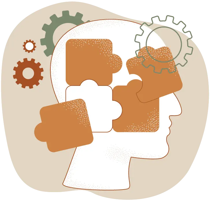 Illustration of a human head silhouette with puzzle pieces and gears, symbolizing problem-solving or mental processes—perfect for representing learning and ADHD testing at Monumé Psychology assessment clinic.